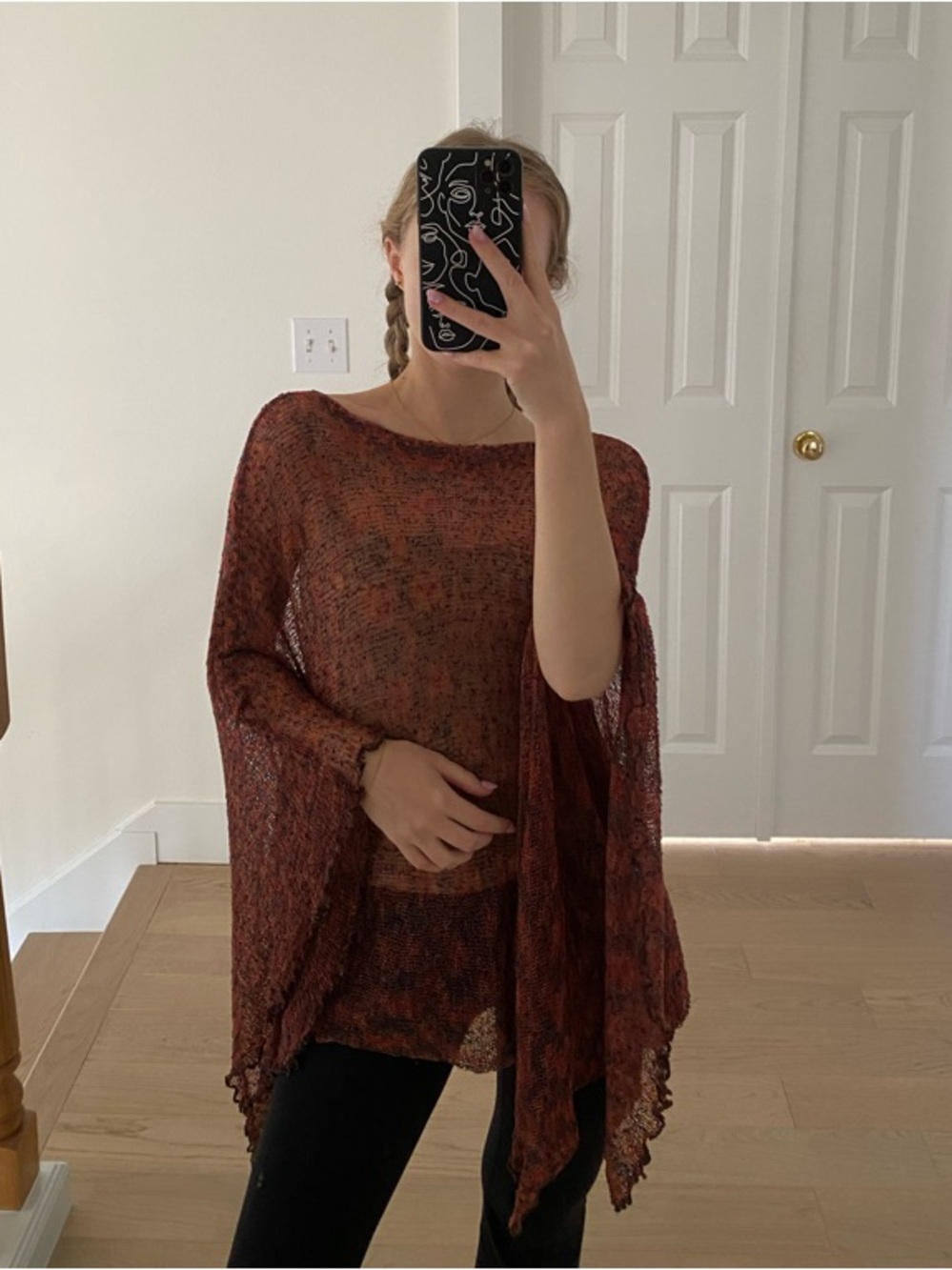Lightweight Open Knit Poncho in Rust Blend